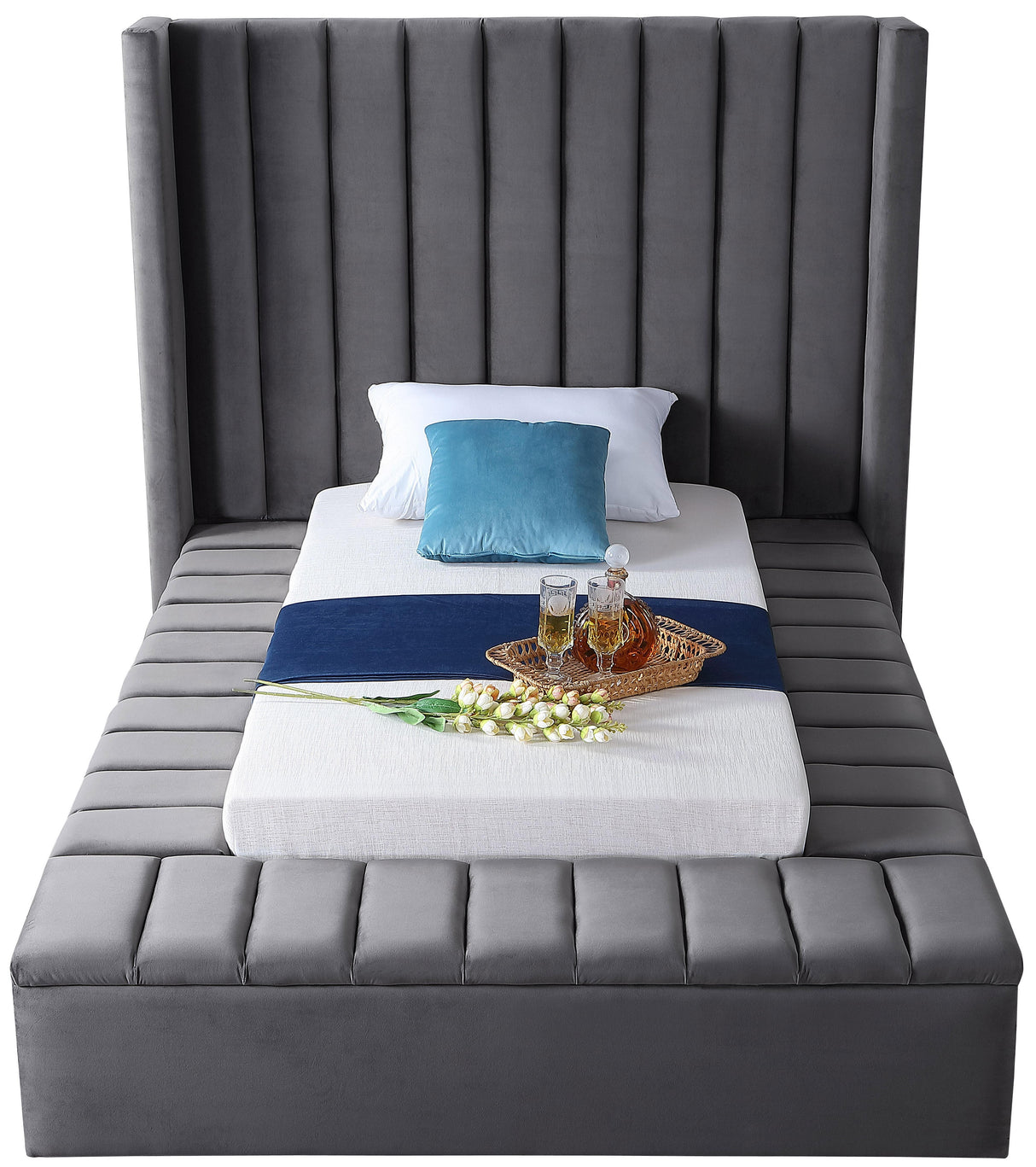 Kiki Grey Velvet Twin Bed (3 Boxes) - galleria furniture outlet