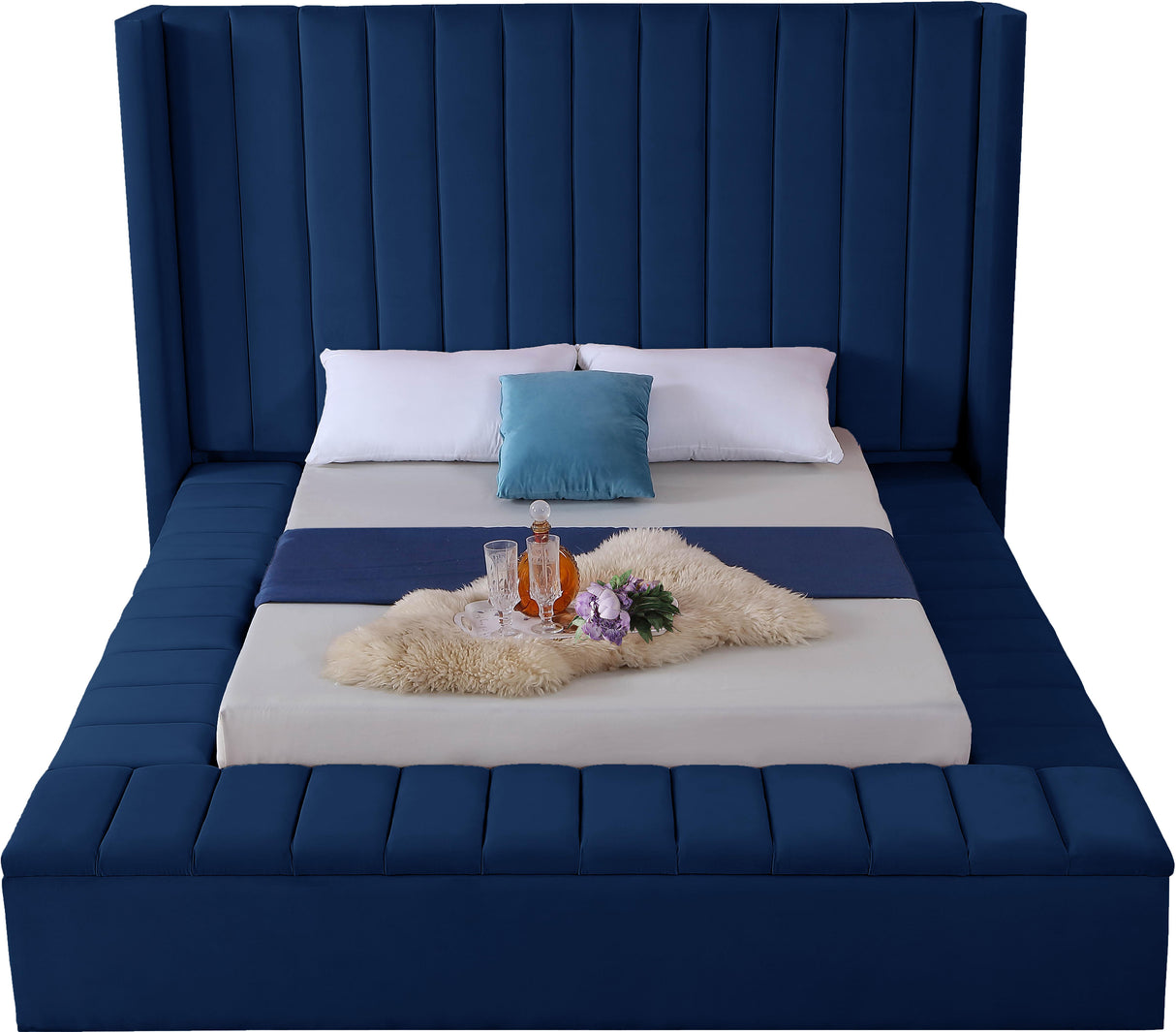 Kiki Navy Velvet King Bed (3 Boxes) - galleria furniture outlet