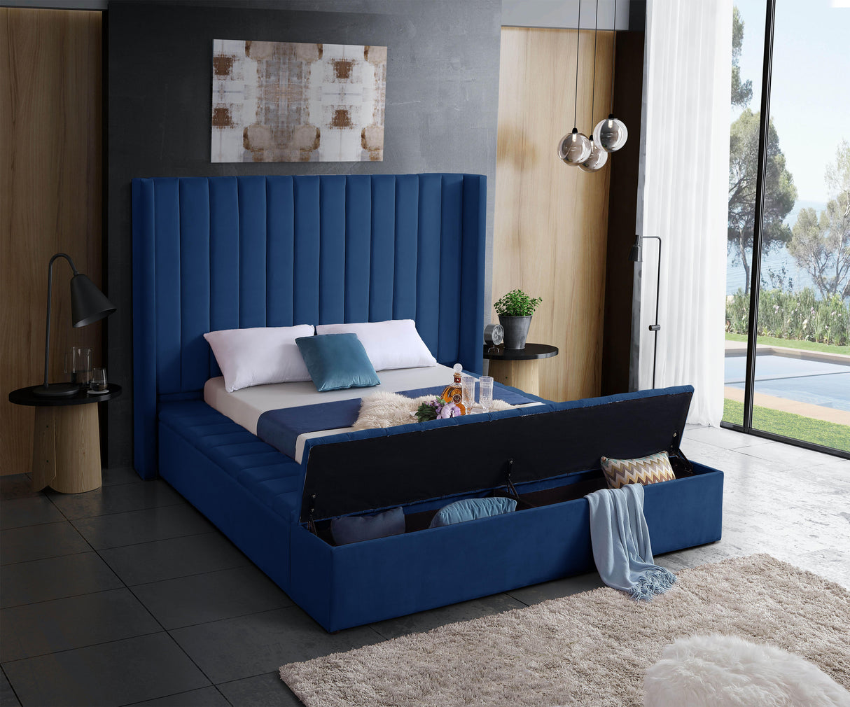 Kiki Navy Velvet King Bed (3 Boxes) - galleria furniture outlet