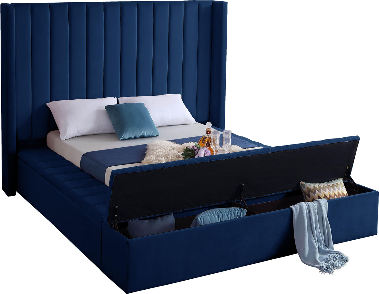 Kiki Navy Velvet Queen Bed (3 Boxes) - galleria furniture outlet