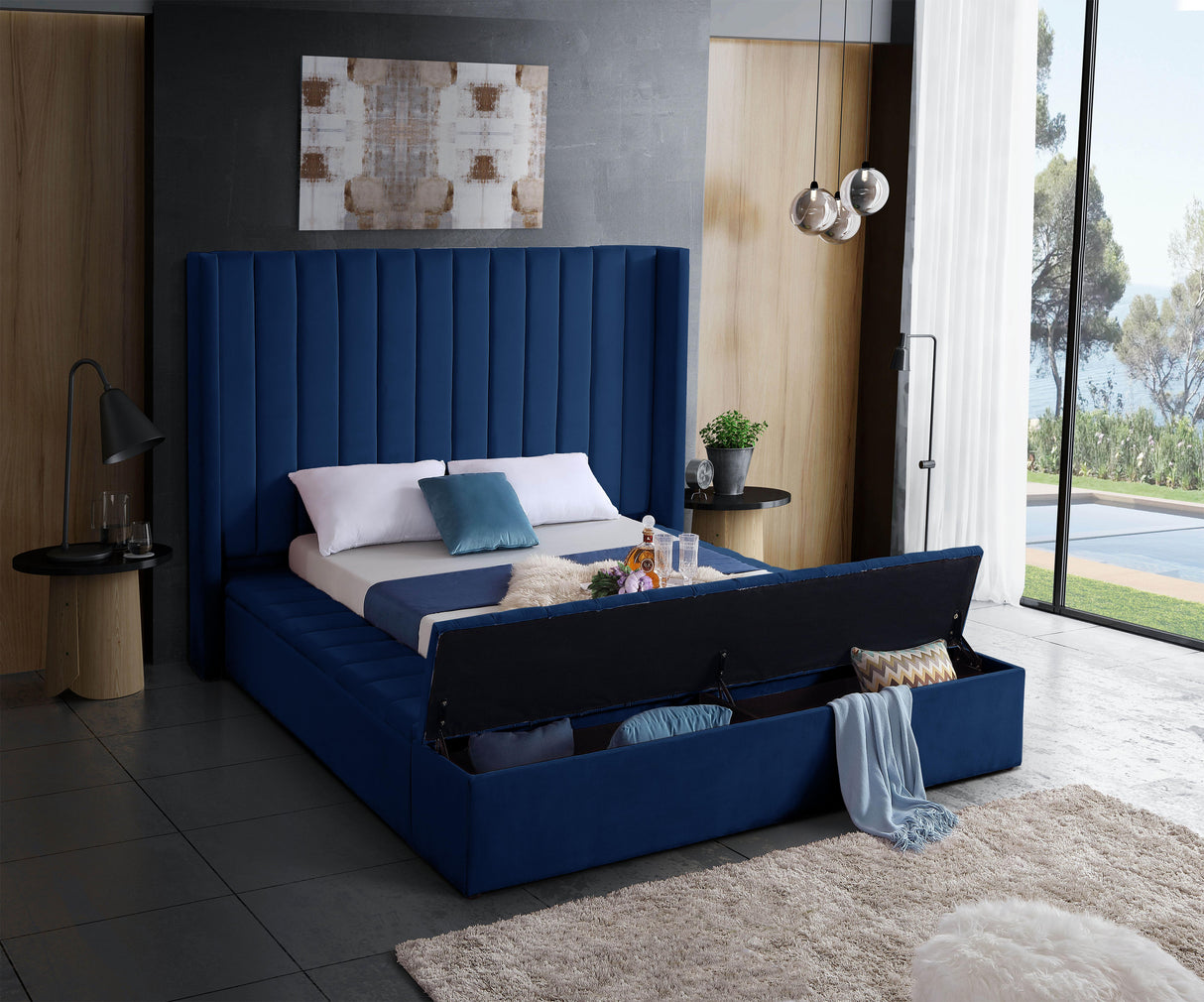 Kiki Navy Velvet Queen Bed (3 Boxes) - galleria furniture outlet