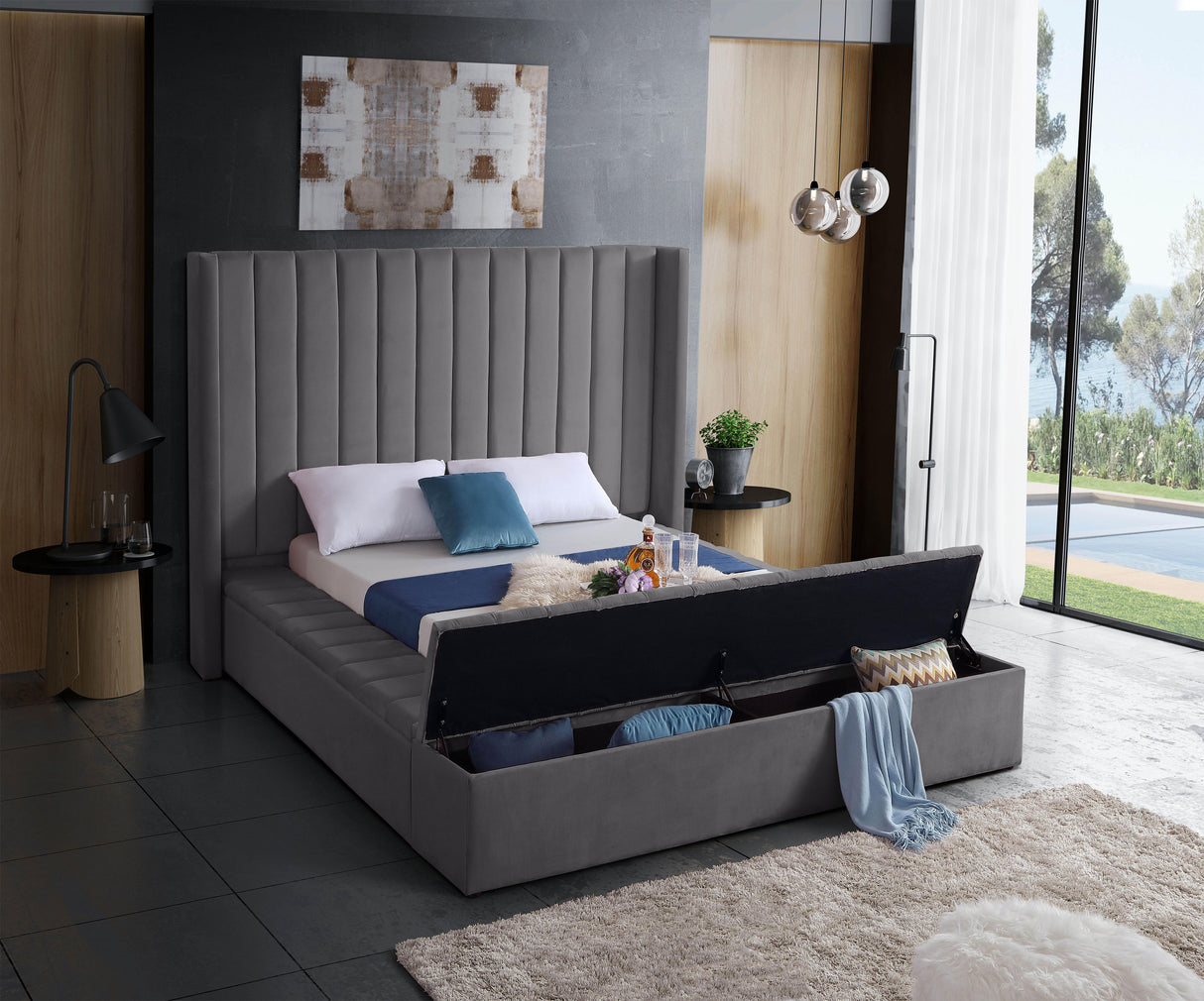 Kiki Grey Velvet Queen Bed (3 Boxes) - galleria furniture outlet