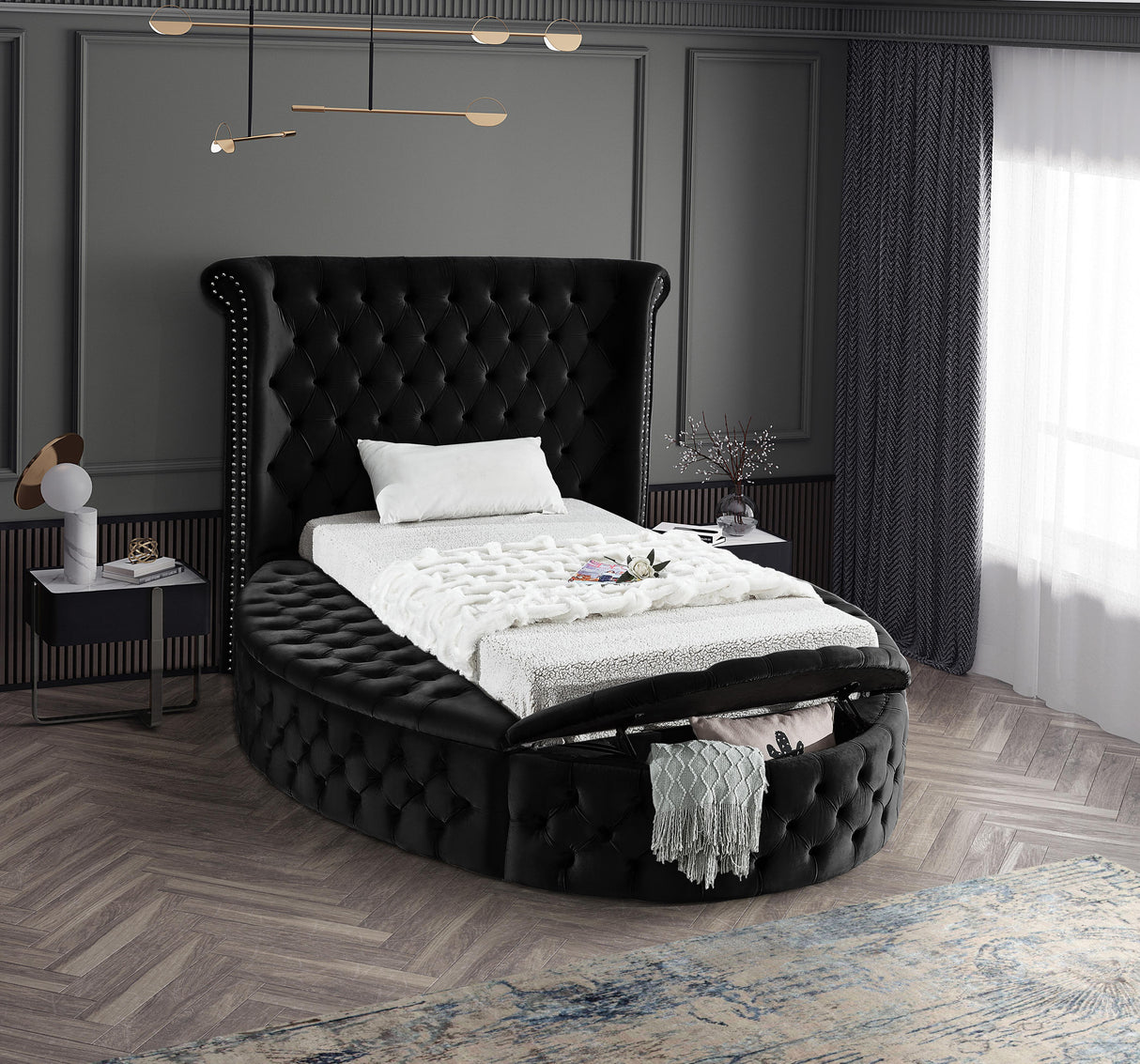 Luxus Black Velvet Twin Bed (3 Boxes) - galleria furniture outlet