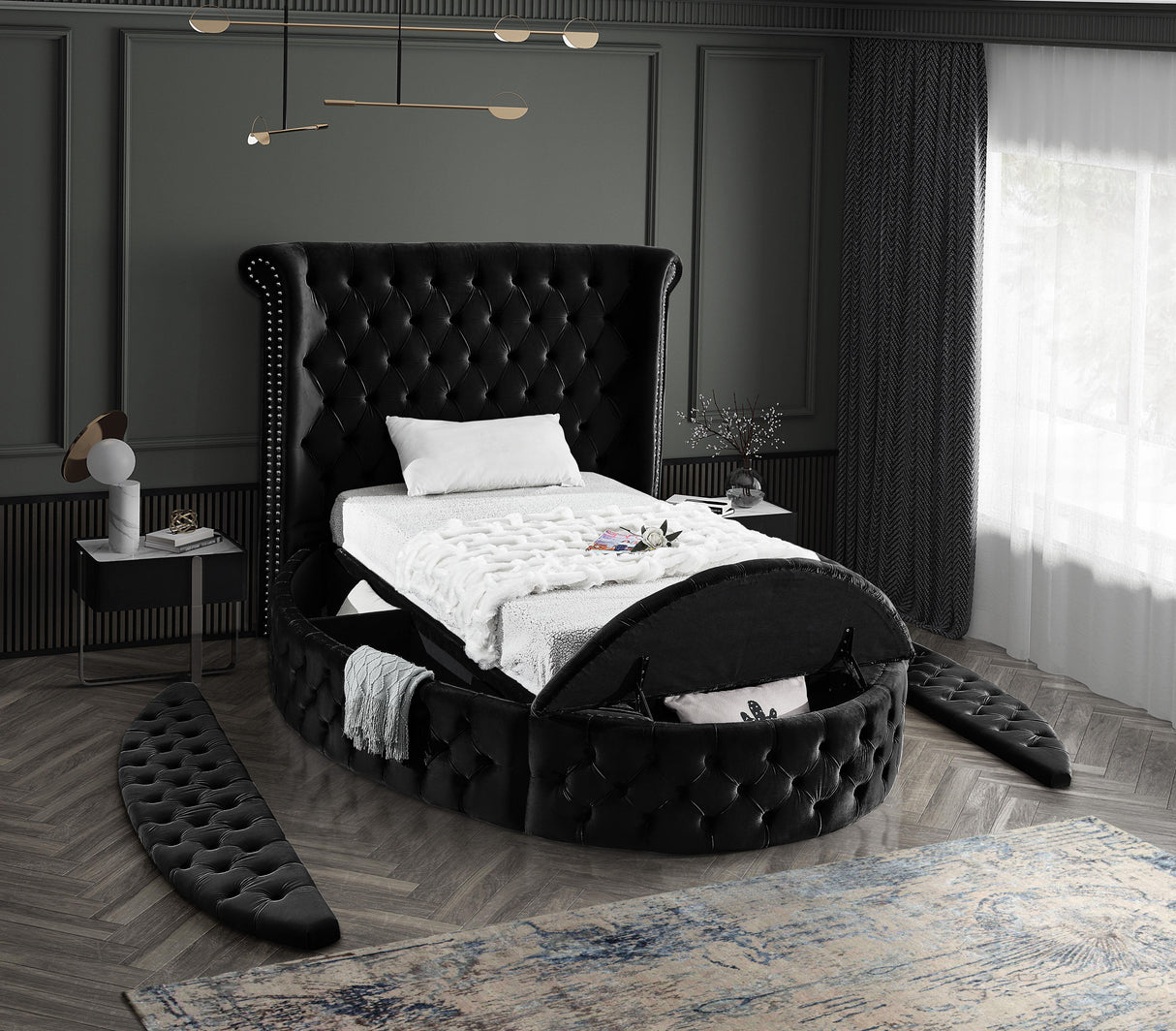 Luxus Black Velvet Twin Bed (3 Boxes) - galleria furniture outlet