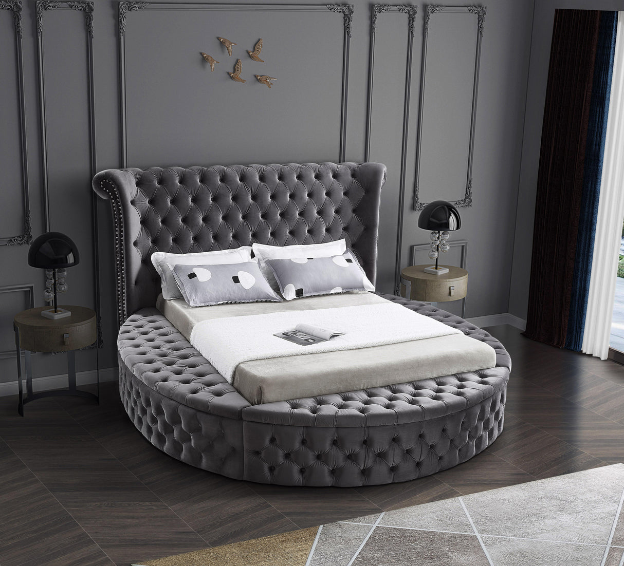 Luxus Grey Velvet King Bed (3 Boxes) - galleria furniture outlet