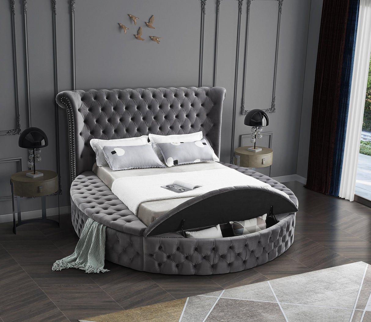 Luxus Grey Velvet Queen Bed (3 Boxes) - galleria furniture outlet