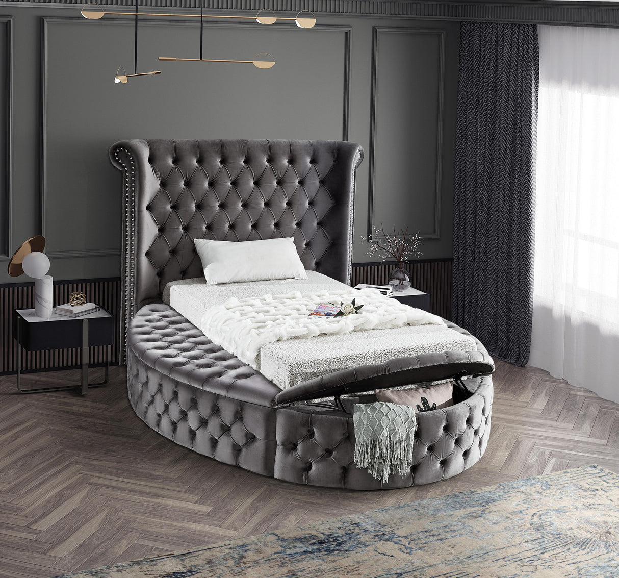 Luxus Grey Velvet Twin Bed (3 Boxes) - galleria furniture outlet