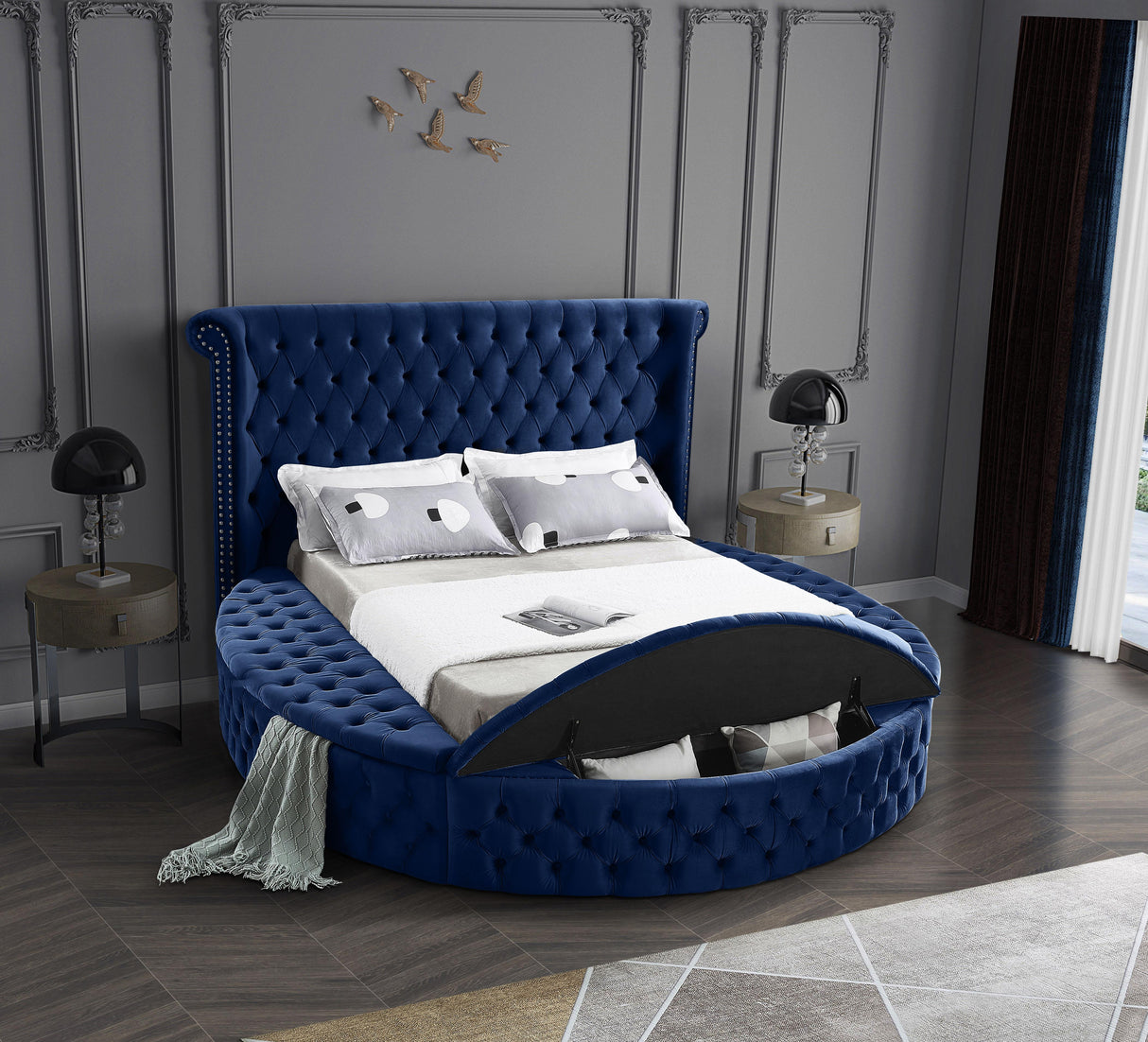 Luxus Navy Velvet Full Bed (3 Boxes) - galleria furniture outlet