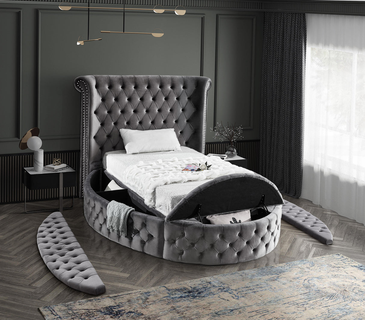 Luxus Grey Velvet Twin Bed (3 Boxes) - galleria furniture outlet
