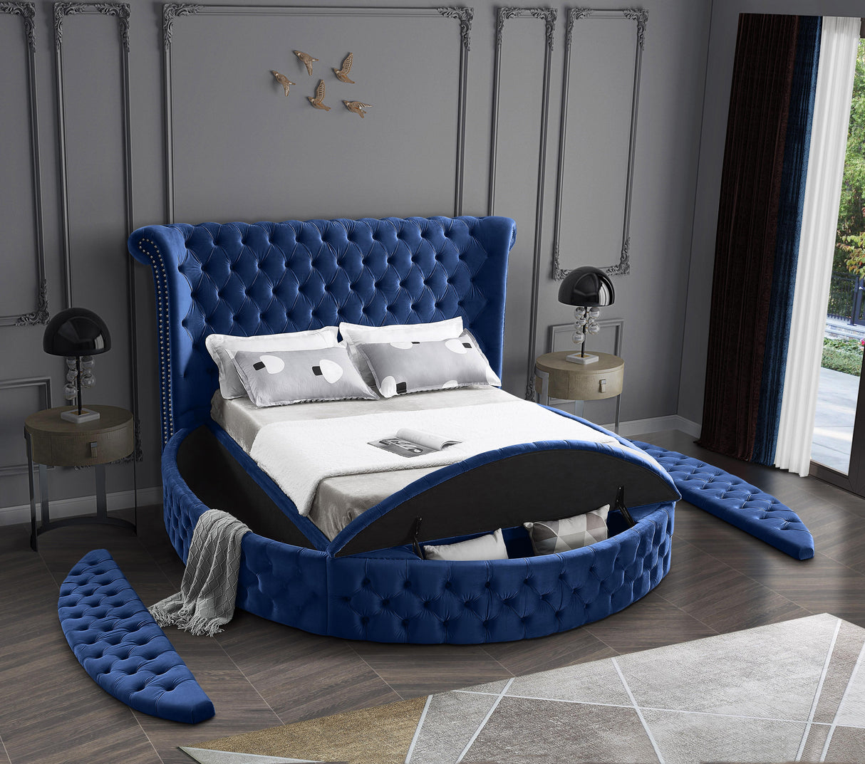 Luxus Navy Velvet King Bed (3 Boxes) - galleria furniture outlet