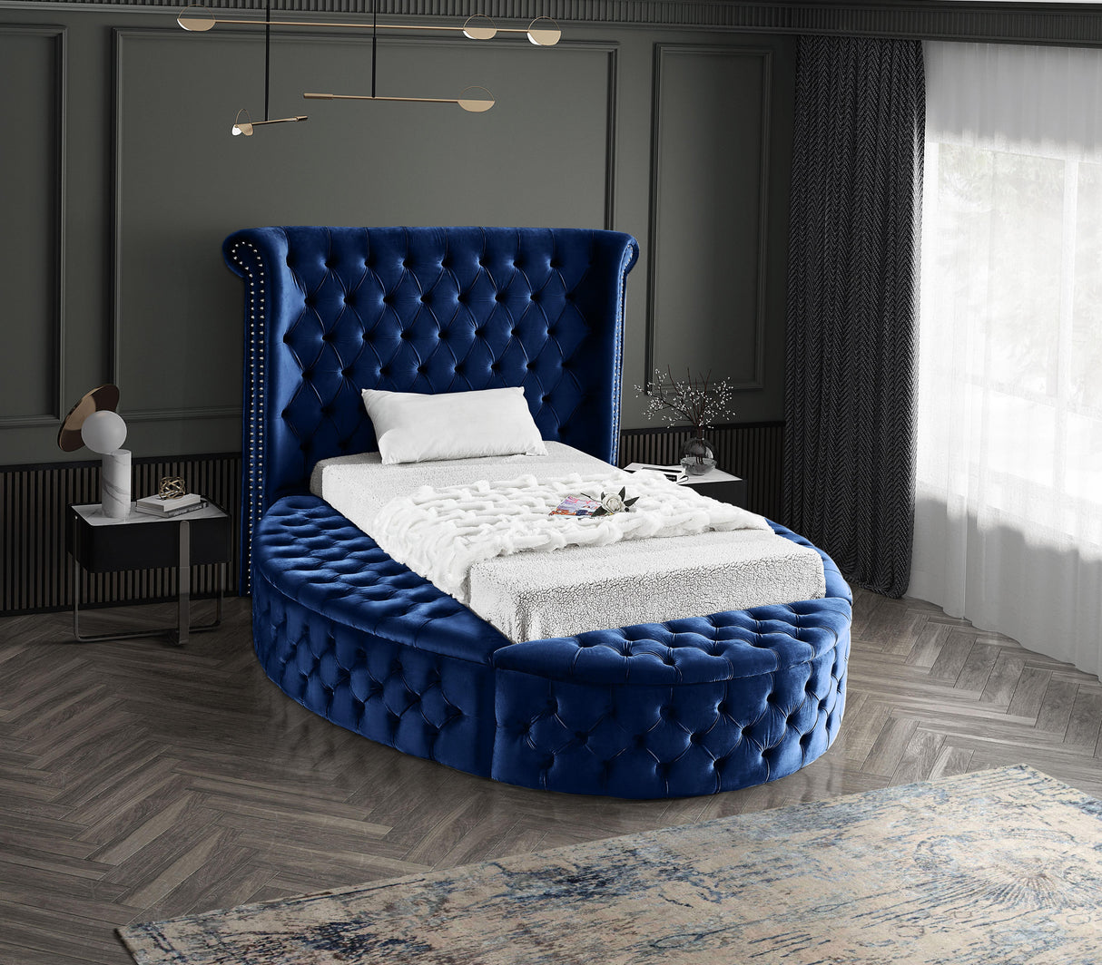 Luxus Navy Velvet Twin Bed (3 Boxes) - galleria furniture outlet