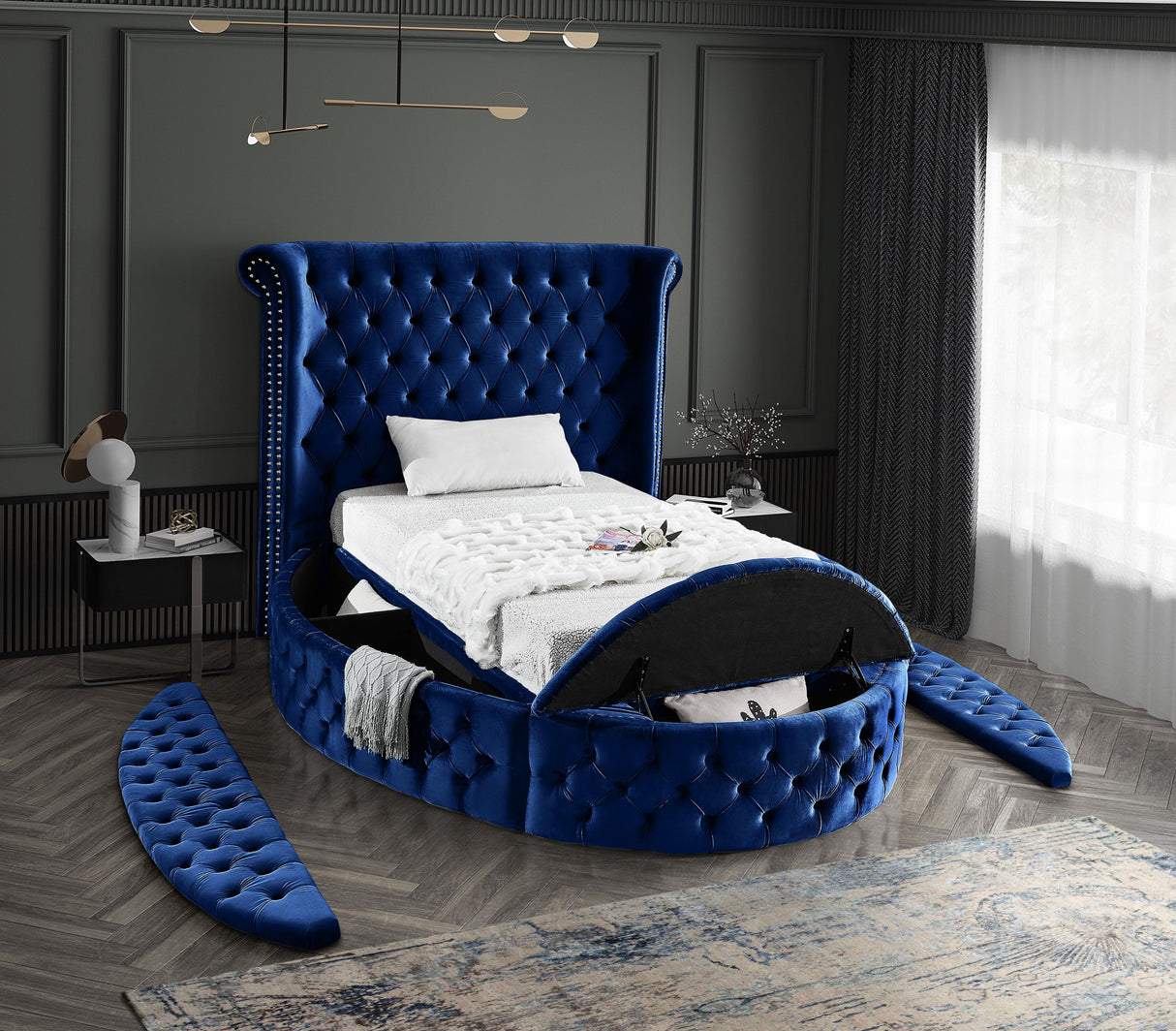 Luxus Navy Velvet Twin Bed (3 Boxes) - galleria furniture outlet