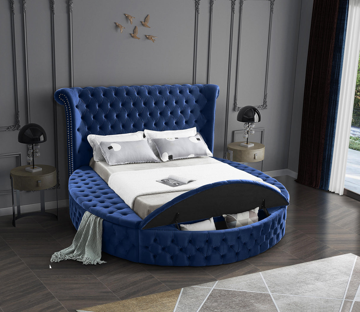 Luxus Navy Velvet Queen Bed (3 Boxes) - galleria furniture outlet