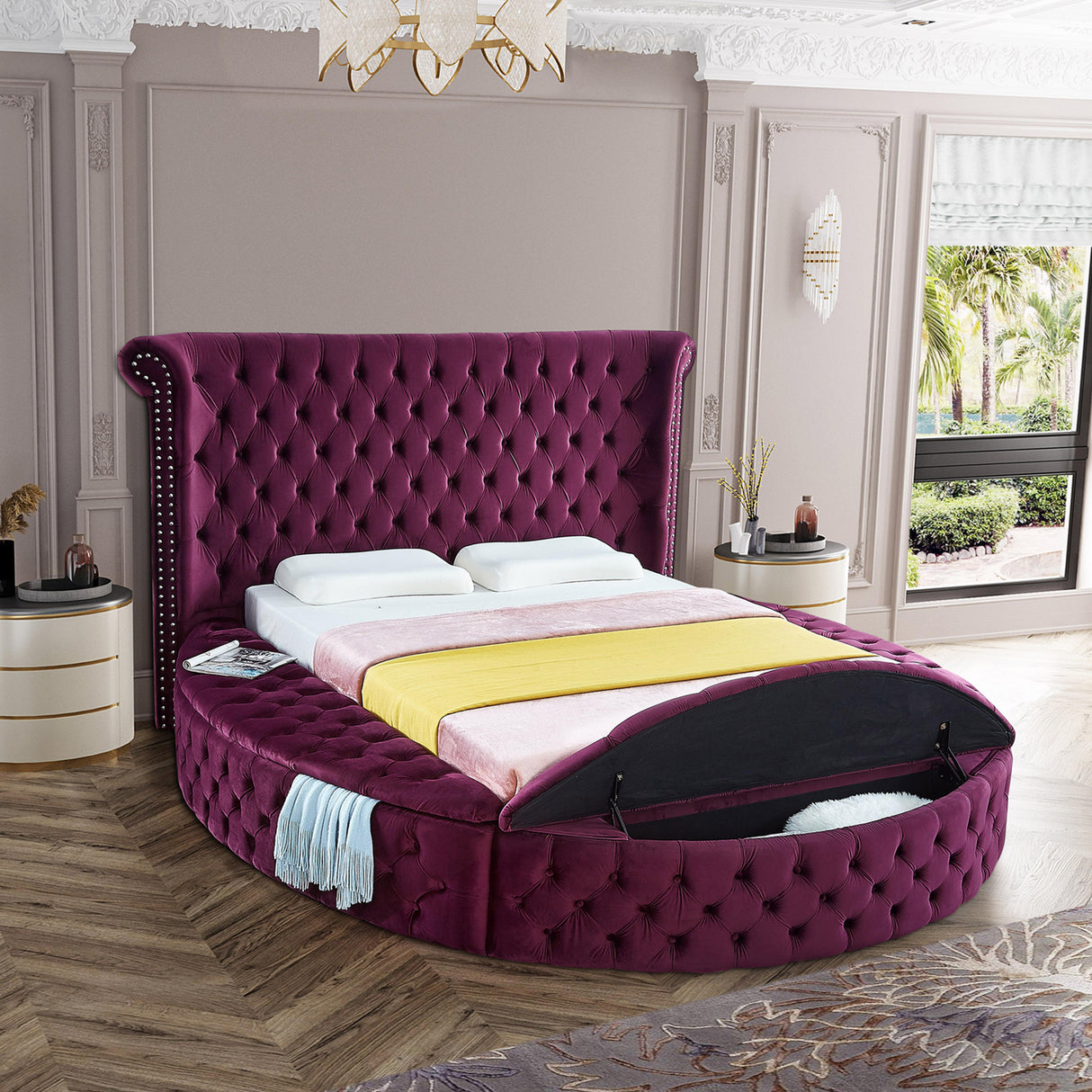 Luxus Purple Velvet Queen Bed - galleria furniture outlet