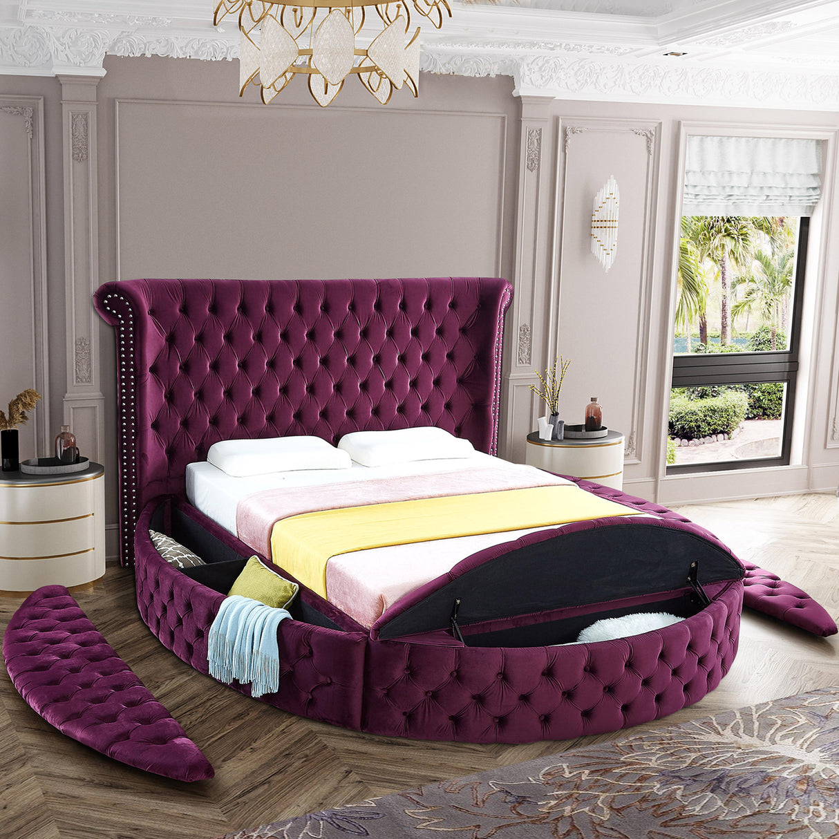 Luxus Purple Velvet Queen Bed - galleria furniture outlet