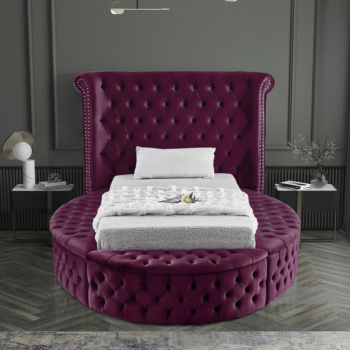 Luxus Purple Velvet Twin Bed - galleria furniture outlet