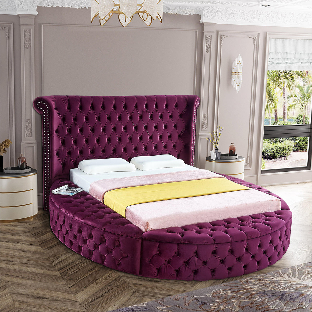 Luxus Purple Velvet Queen Bed - galleria furniture outlet
