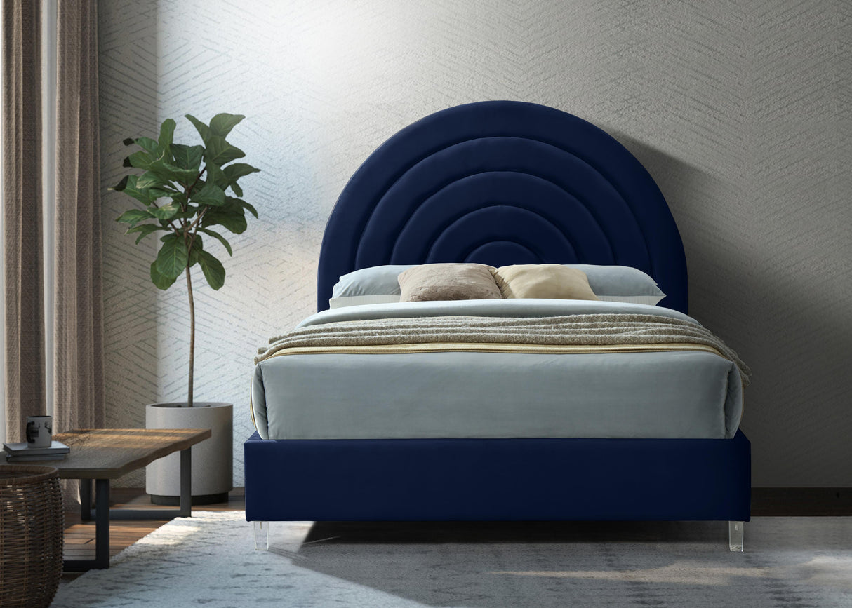 Rainbow Navy Velvet Queen Bed - galleria furniture outlet