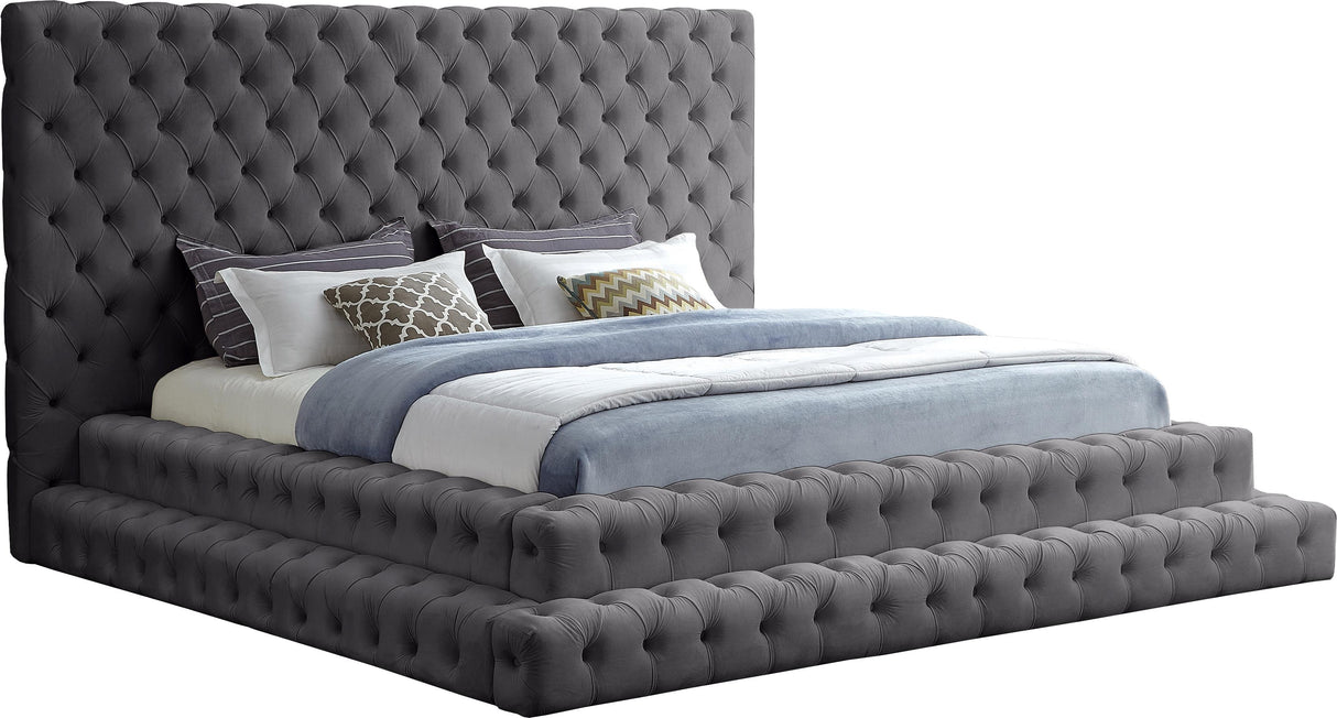 Revel Grey Velvet King Bed (3 Boxes) - galleria furniture outlet