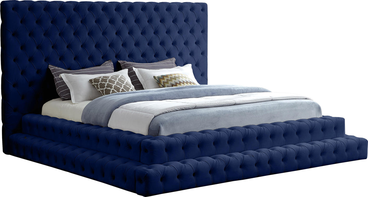 Revel Navy Velvet King Bed (3 Boxes) - galleria furniture outlet