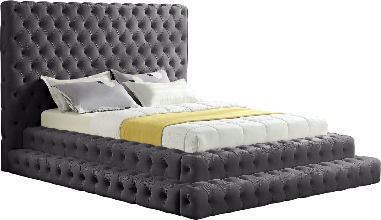 Revel Grey Velvet Queen Bed (3 Boxes) - galleria furniture outlet
