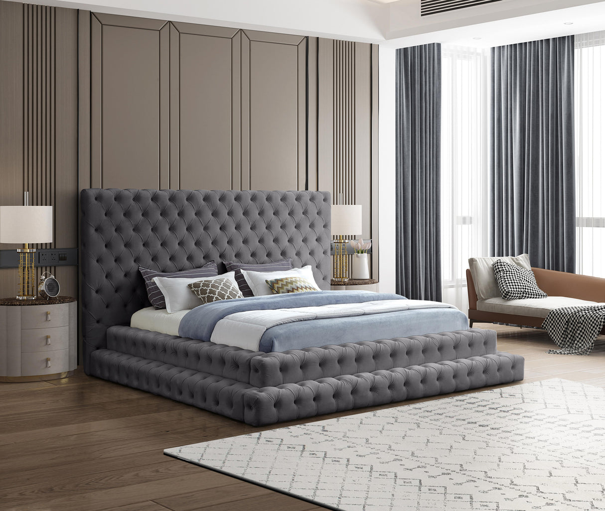 Revel Grey Velvet King Bed (3 Boxes) - galleria furniture outlet