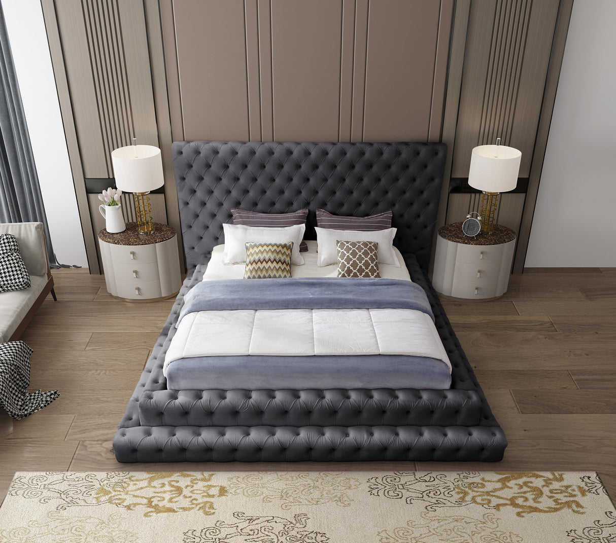 Revel Grey Velvet King Bed (3 Boxes) - galleria furniture outlet