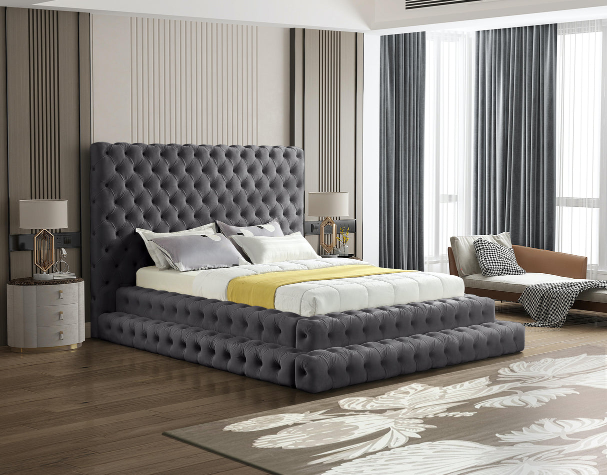 Revel Grey Velvet Queen Bed (3 Boxes) - galleria furniture outlet