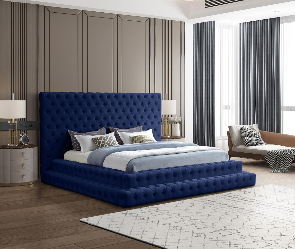 Revel Navy Velvet King Bed (3 Boxes) - galleria furniture outlet