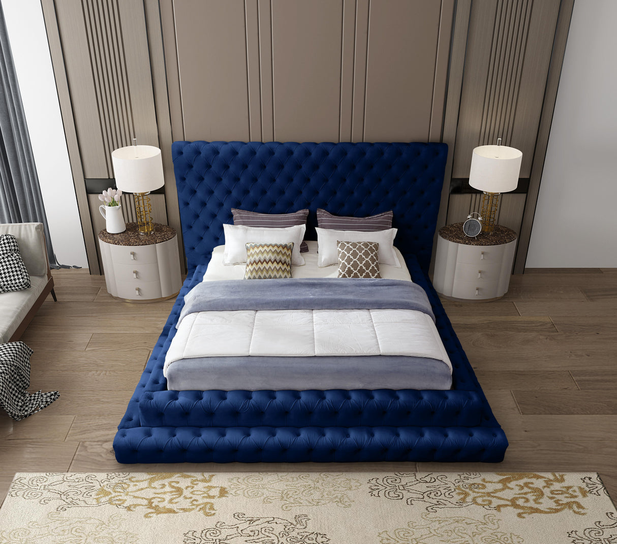 Revel Navy Velvet Queen Bed (3 Boxes) - galleria furniture outlet