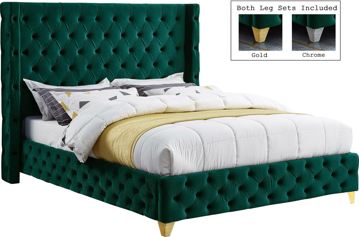 Savan Green Velvet Queen Bed
