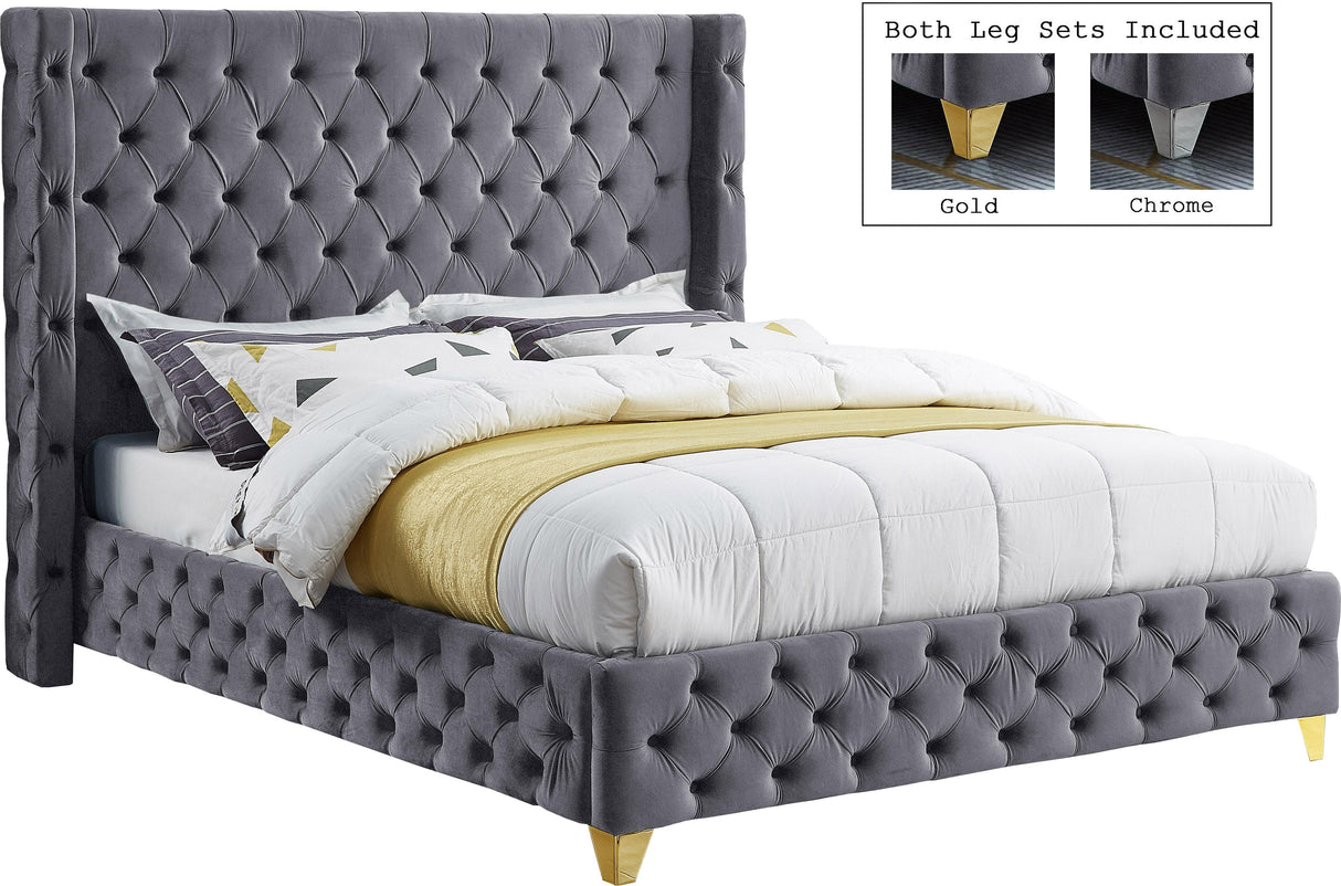 Savan Grey Velvet Queen Bed