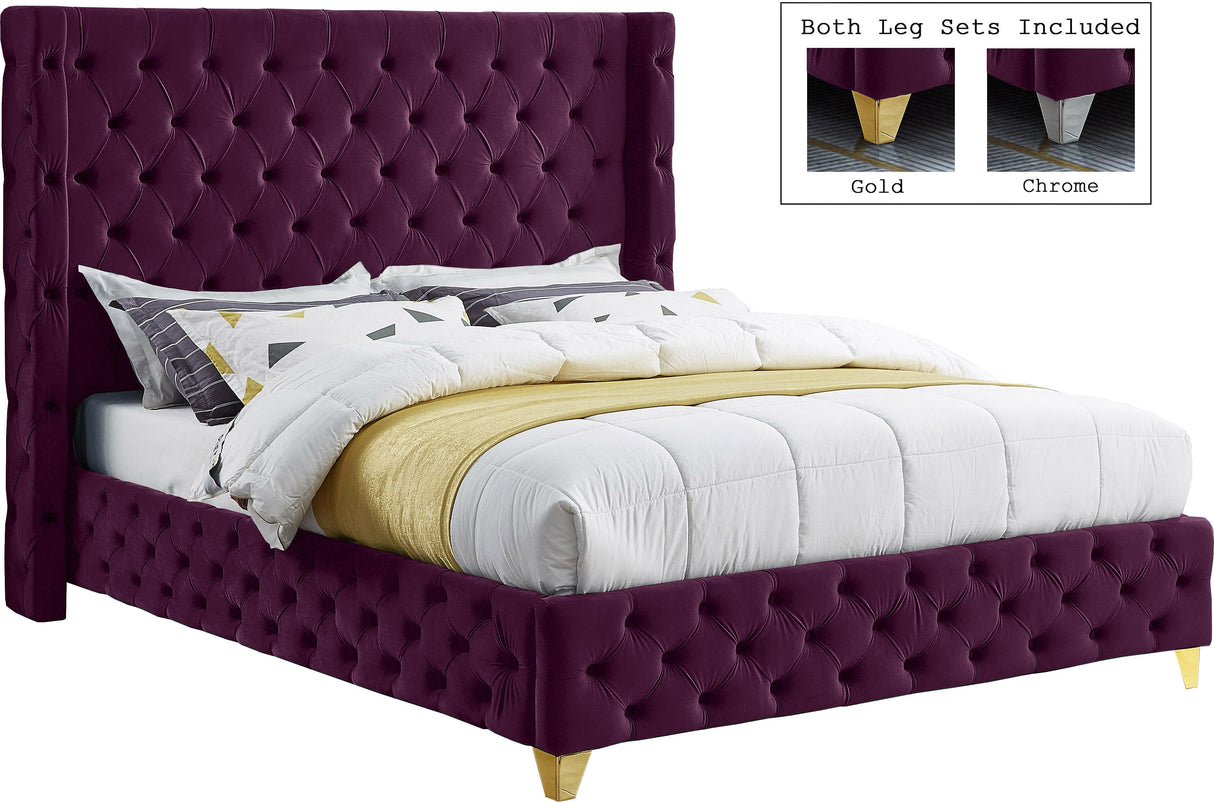 Savan Purple Velvet Queen Bed - galleria furniture outlet