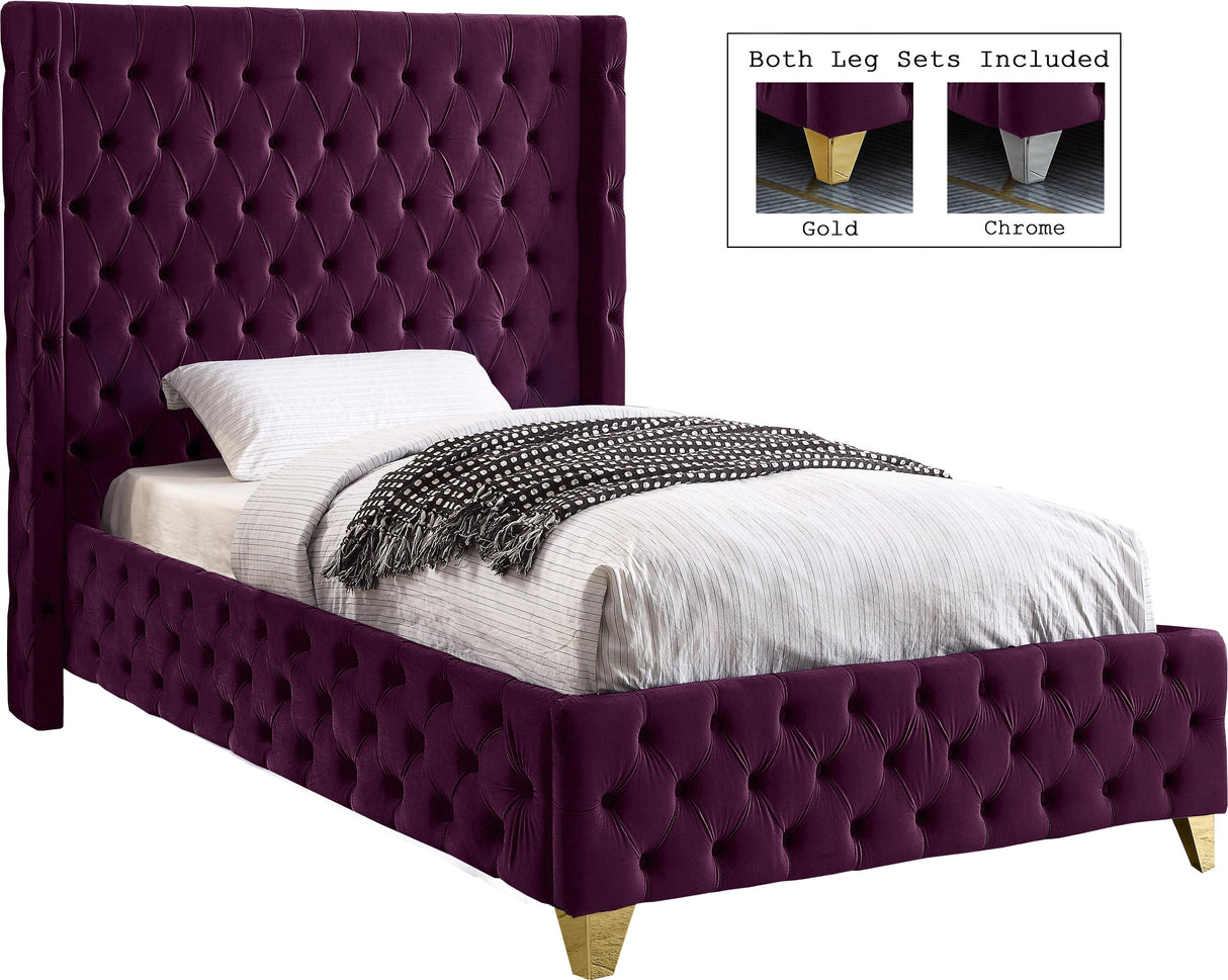 Savan Purple Velvet Twin Bed - galleria furniture outlet