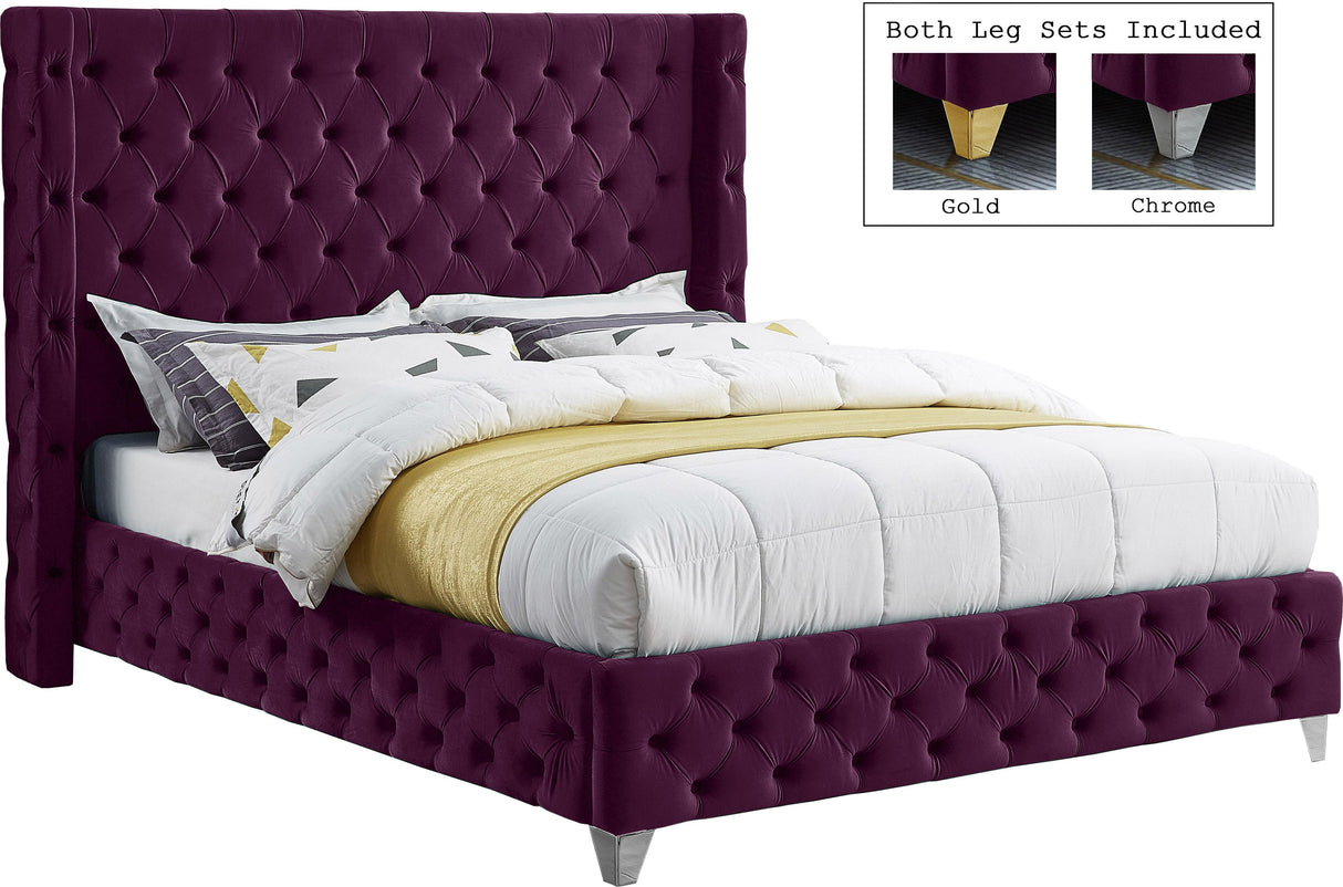Savan Purple Velvet Queen Bed - galleria furniture outlet
