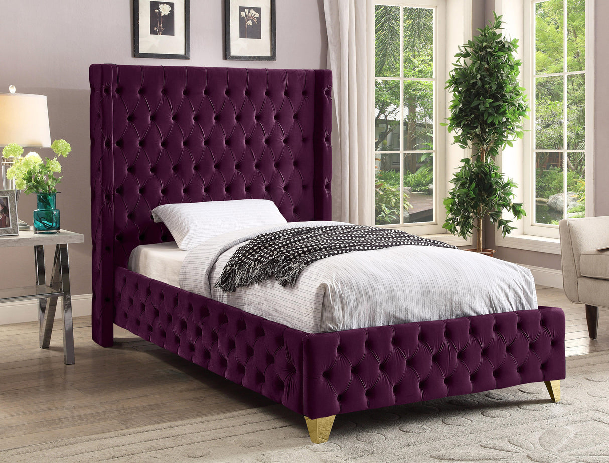 Savan Purple Velvet Twin Bed - galleria furniture outlet