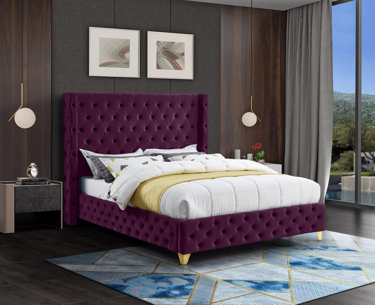 Savan Purple Velvet Queen Bed - galleria furniture outlet