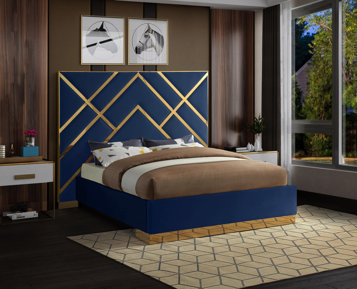 Vector Navy Velvet Queen Bed - galleria furniture outlet