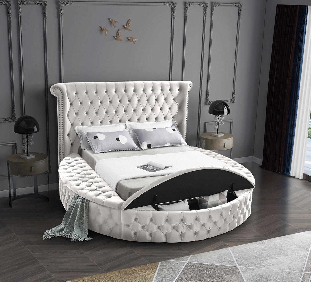 Luxus Cream Velvet King Bed (3 Boxes) - galleria furniture outlet