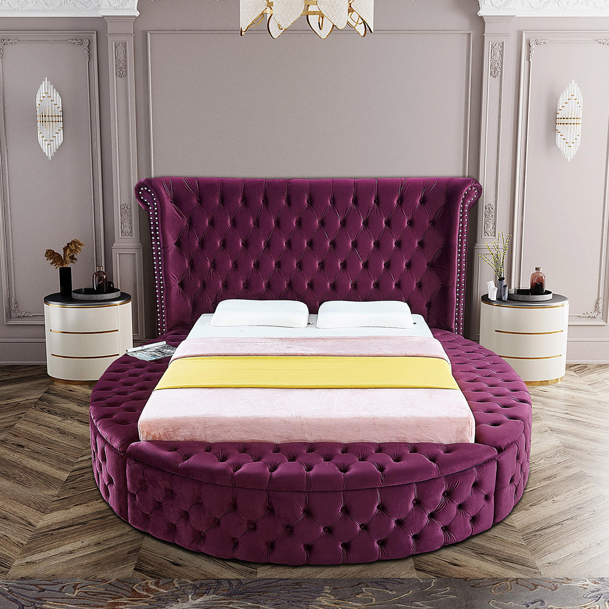 Luxus Purple Velvet Queen Bed - galleria furniture outlet