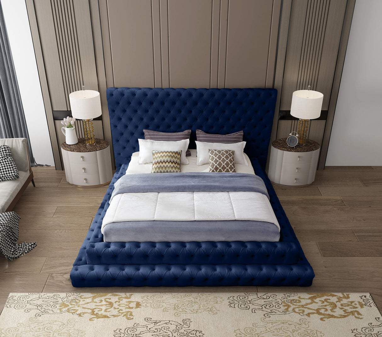 Revel Navy Velvet King Bed (3 Boxes) - galleria furniture outlet