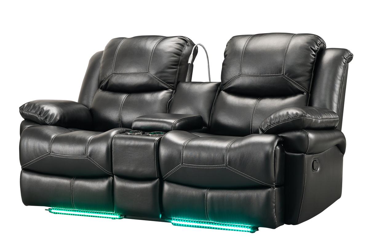 New Classic Flynn Power Console Loveseat (Lights) in Premier Black - galleria furniture outlet