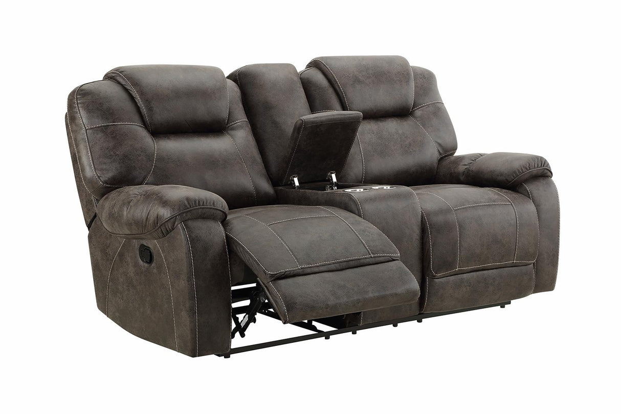 New Classic Furniture Anton Dual Recliner Console Loveseat in Chocolate - galleria furniture outlet