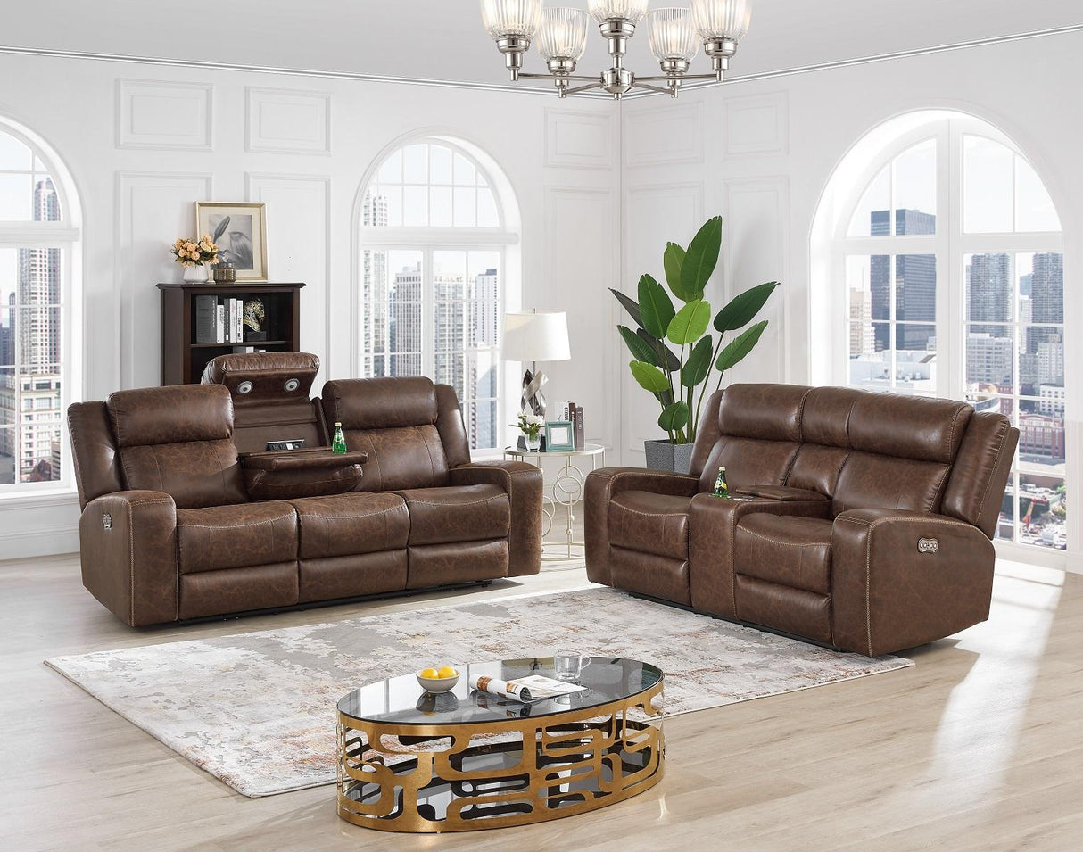 New Classic Furniture Atticus Console Loveseat With Power Footrest in Mocha - galleria furniture outlet