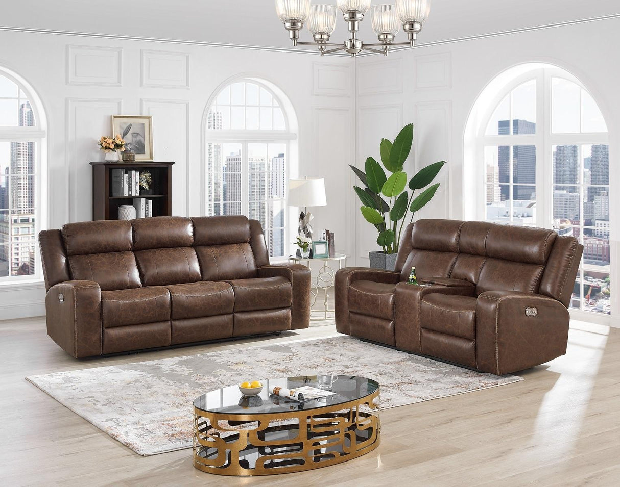 New Classic Furniture Atticus Dual Recliner Sofa with Power Footrest in Mocha - galleria furniture outlet