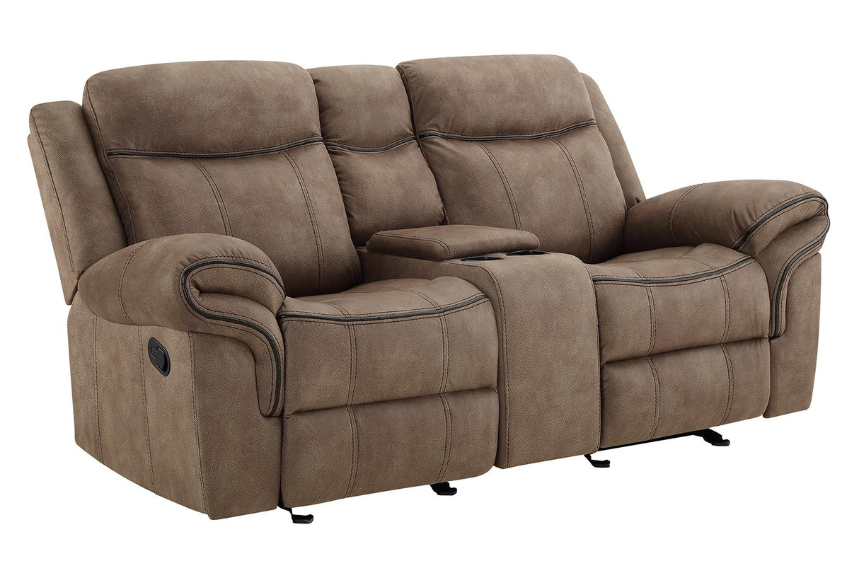 New Classic Furniture Harley Glider Console Loveseat with Dual Recliners in Light Brown