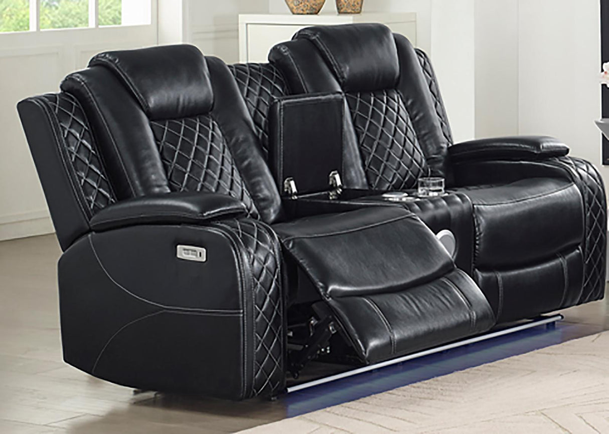 New Classic Furniture Orion Console Loveseat with Dual Recliners in Black - galleria furniture outlet