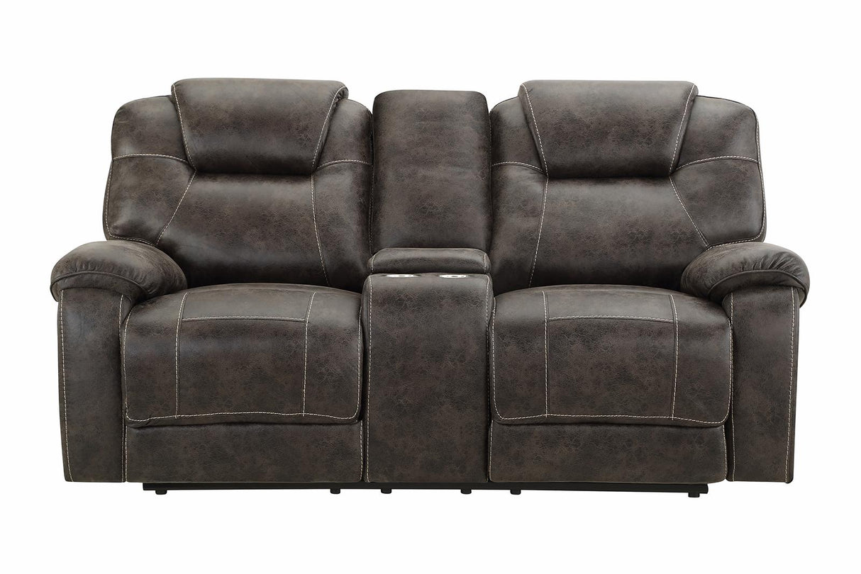 New Classic Furniture Anton Dual Recliner Console Loveseat in Chocolate - galleria furniture outlet