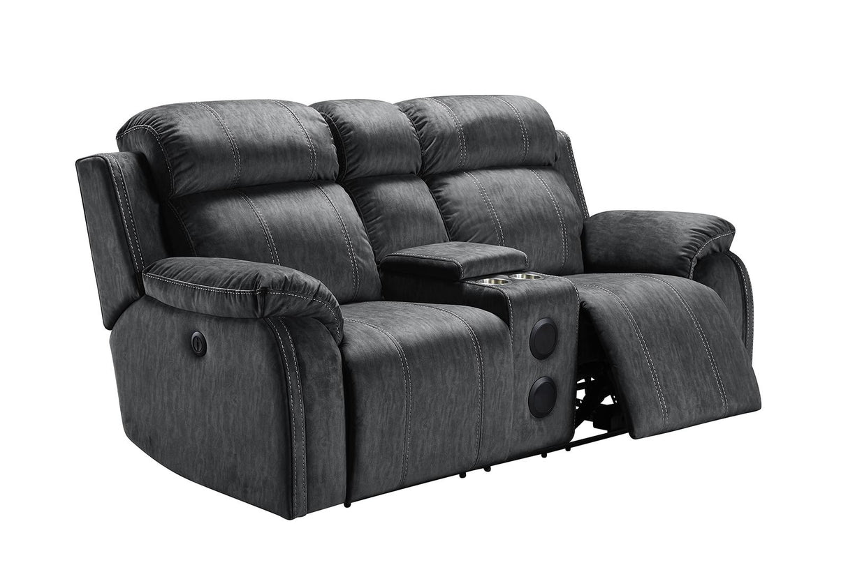 New Classic Furniture Tango Console Loveseat with Speaker and Power Footrest in Shadow - galleria furniture outlet