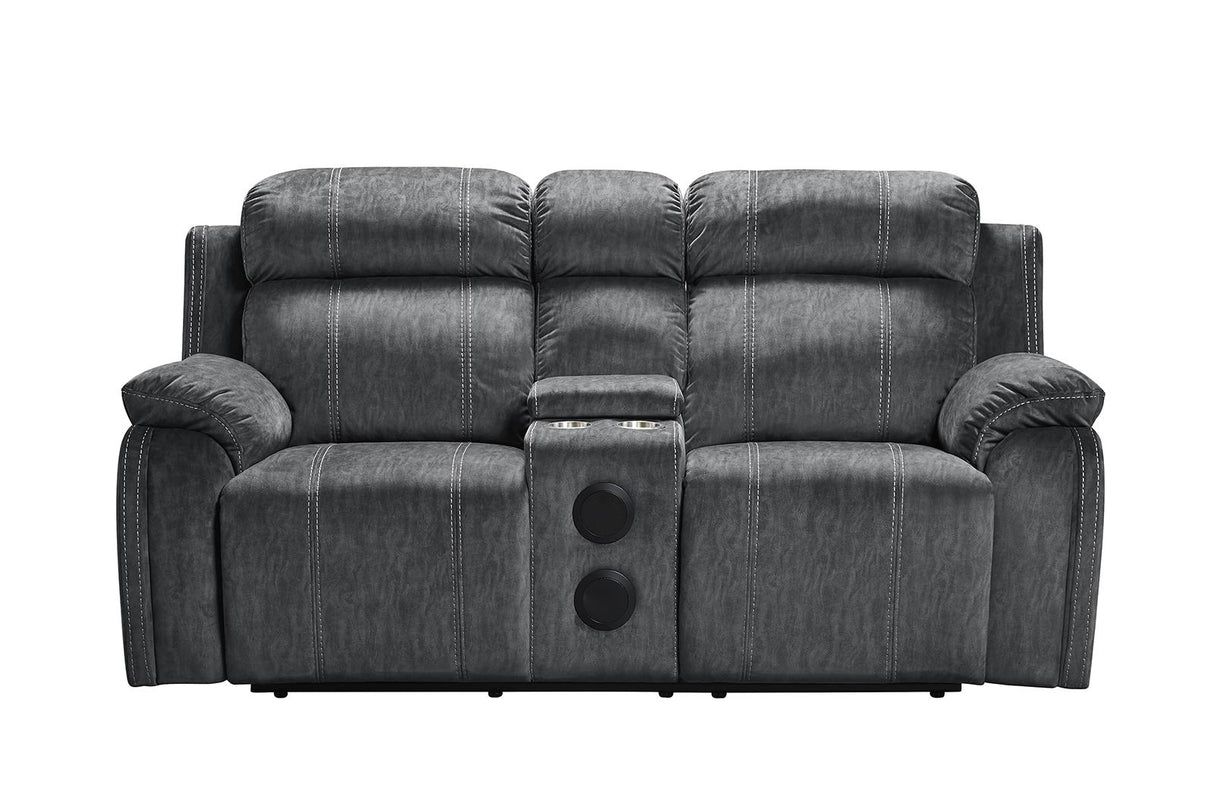 New Classic Furniture Tango Console Loveseat with Speaker and Power Footrest in Shadow - galleria furniture outlet